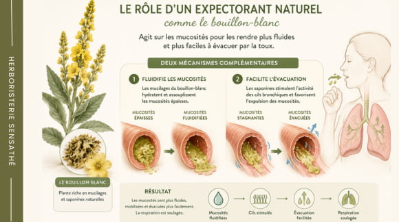 Schéma expliquant le rôle expectorant du bouillon-blanc pour fluidifier les mucosités bronchiques et faciliter leur évacuation naturelle. - Herboristerie Sensathé Schéma expliquant le rôle expectorant du bouillon-blanc pour fluidifier les mucosités bronchiques et faciliter leur évacuation naturelle. - Herboristerie Sensathé